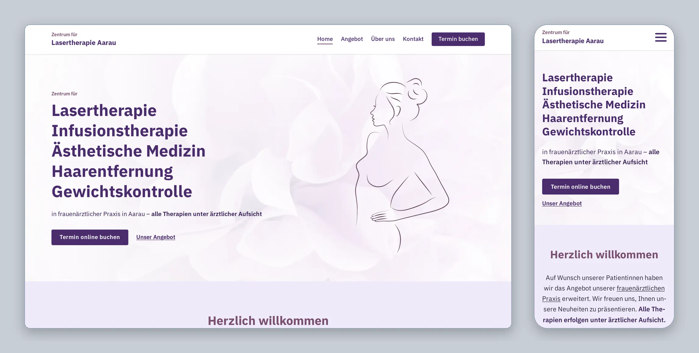 The new home page of the centre on a desktop screen and on a phone, showing the list of therapies, the line drawing used as the header illustration and the online booking button.