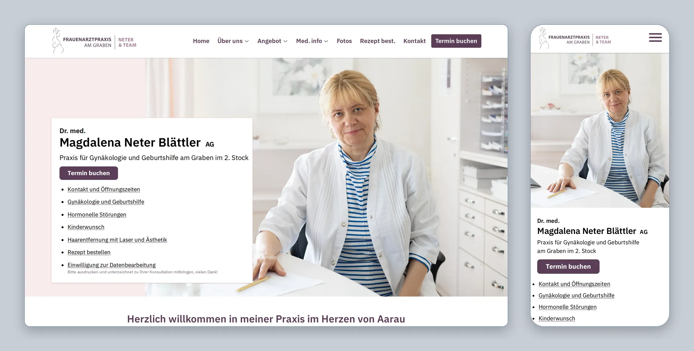 The neter.ch home page on a desktop screen and on a phone, showing the navigation, the portrait of the practice owner with quick links, and the appointment booking button.