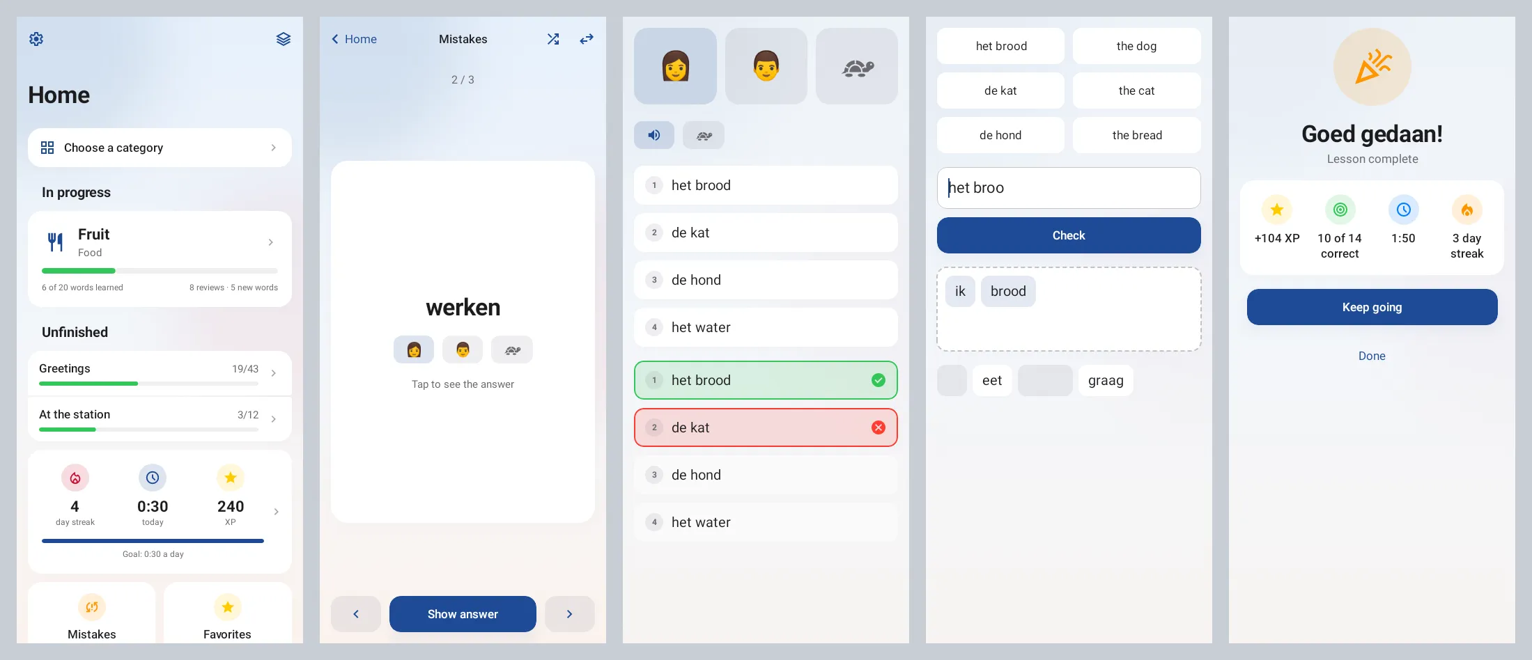 Five screens of the Android application in light appearance. Shown are the home screen with deck progress, a flashcard, a multiple-choice listening exercise, a typing and sentence-building exercise, and the lesson summary. All values are fictitious.
