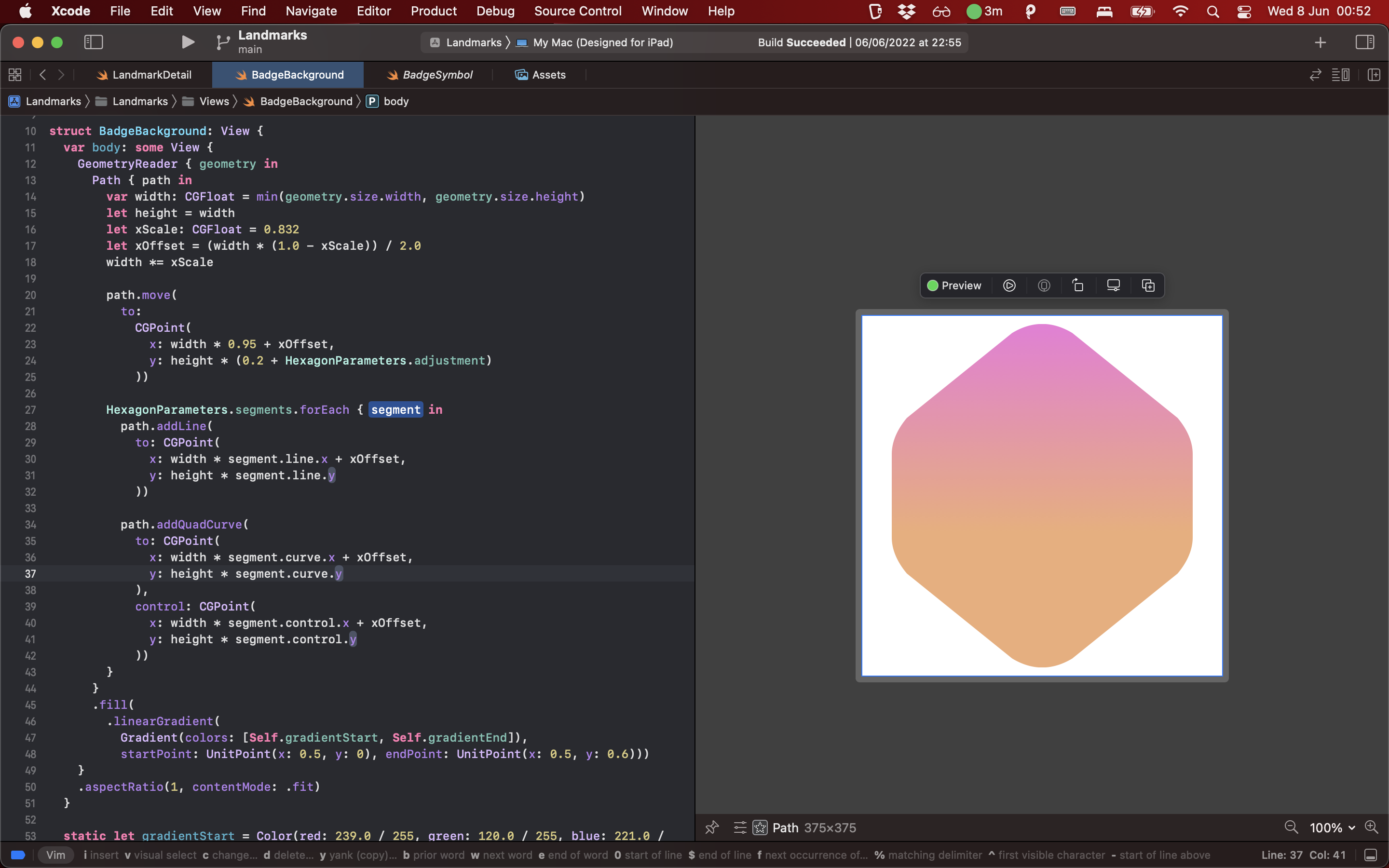 Screenshot of an Xcode window with the preview of a gradient-filled, rounded hexagon.